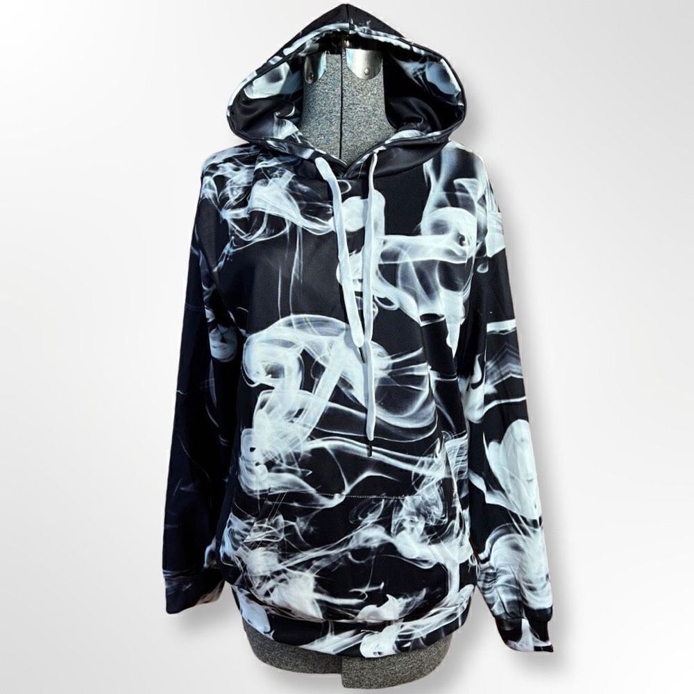 Unisex Pullover Hoodie with Black and White Smoke Print  and Kangaroo Pocket Siz